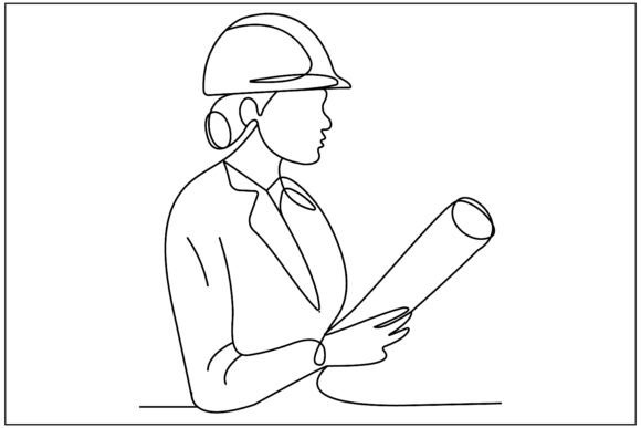 Female Engineer Blueprint Line Art