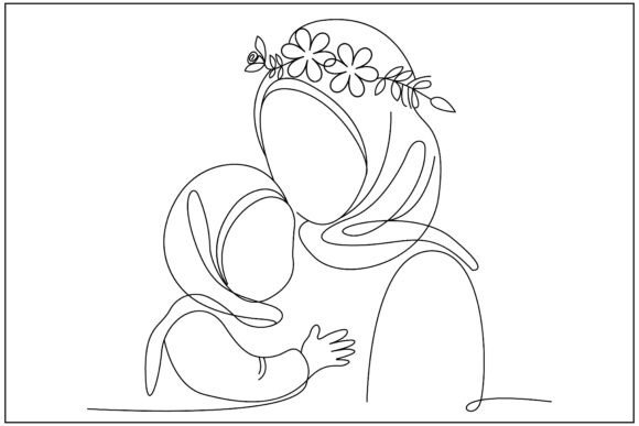 Hijabi Mother Child Floral Line Art