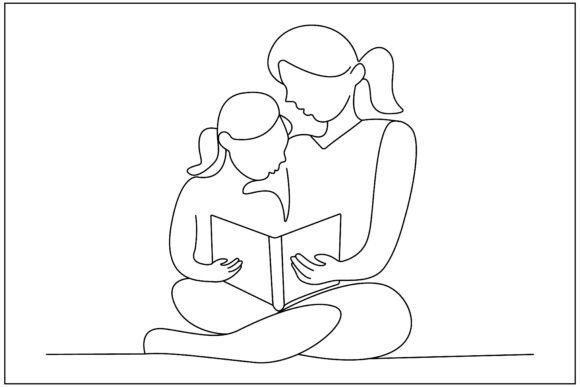 Mother and Daughter Book Line Art