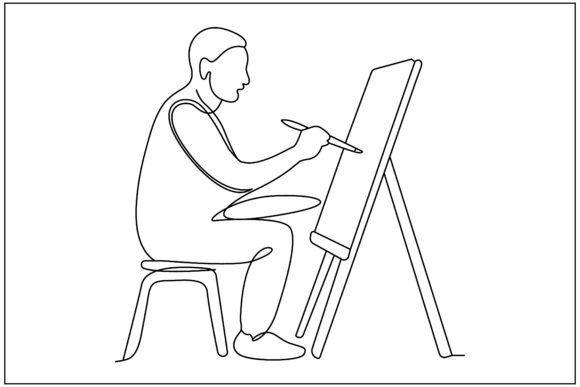 Old Man Easel Painting Line Art