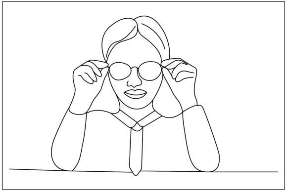 Teacher Peeking Glasses Line Art