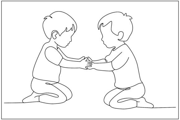 Two Little Boys Playing Line Art