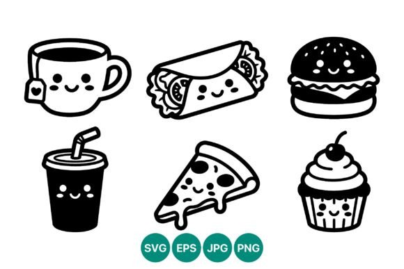Vector Line Art Set of Cute Food Icons